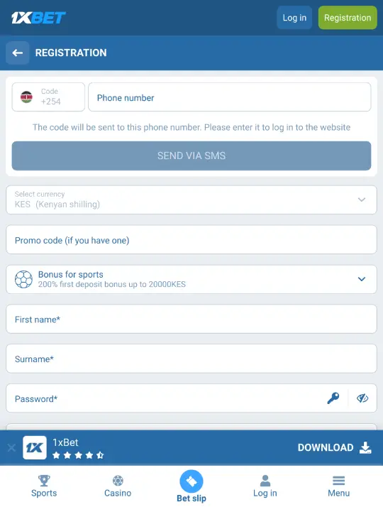 Registration on 1xBet Kenya betting site