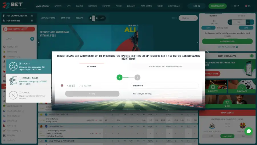 Registration on the 22BET Kenya betting site
