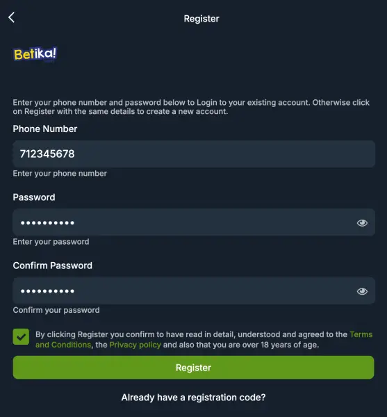 Registration on the Betika Kenya betting site