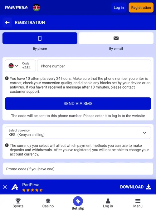 Registration on the PariPesa Kenya betting website